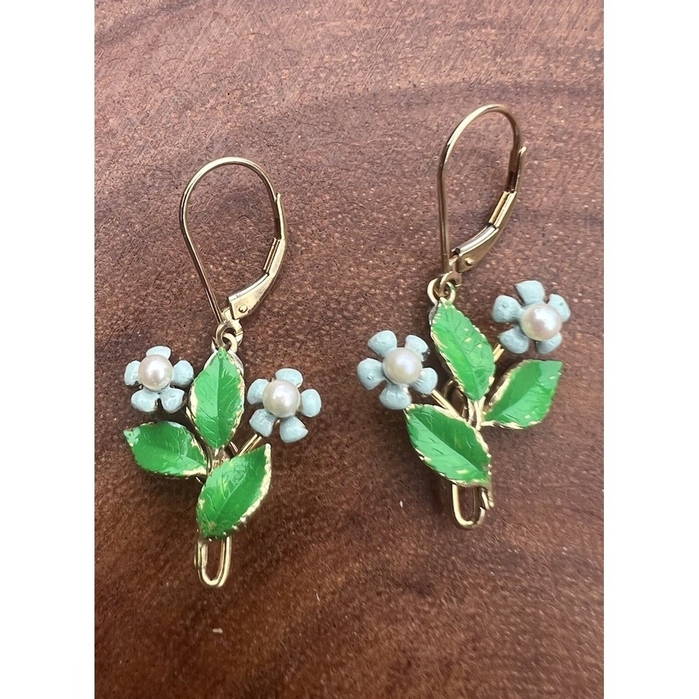 Vintage 14K Gold Overlay Enamel Pearl Blue Floral Leverback Dangle Earrings 1.5"
